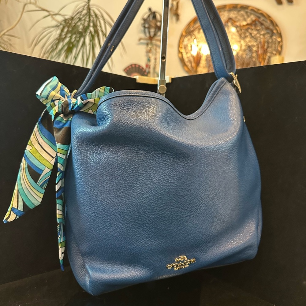 Coach Blue Pebble Leather Shoulder Bag with Patterned Scarf soft beautiful bag